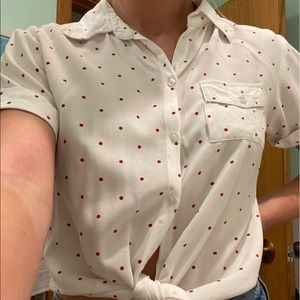 button down red and white polka dot top